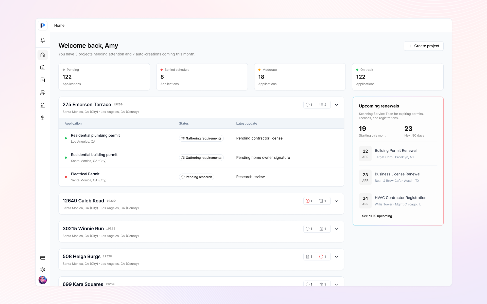 PermitFlow vision prototype dashboard showing application statuses, project list, and upcoming permit renewals