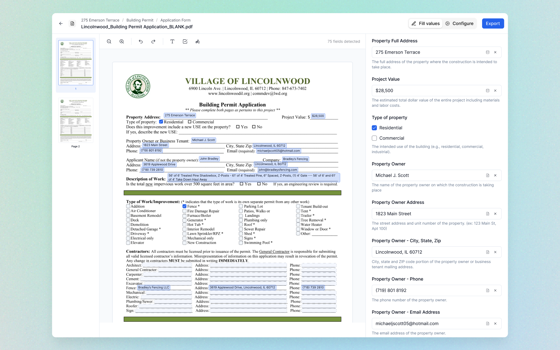 PermitFlow form filling agent showing a Lincolnwood building permit application being auto-populated with project data