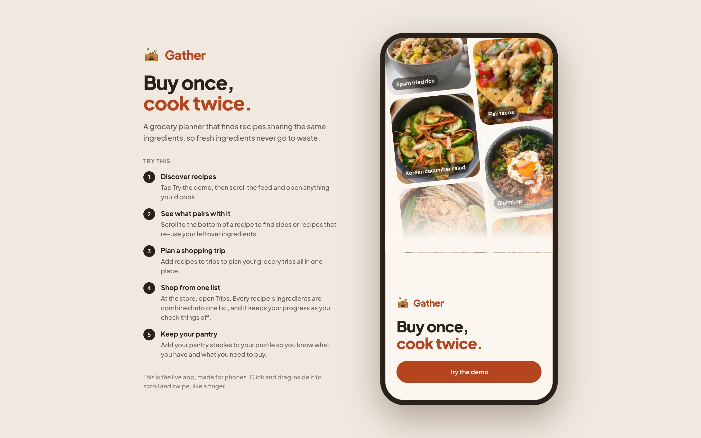 The Gather demo on desktop: a short Try this guide beside the live app in a phone frame, showing a feed of recipes